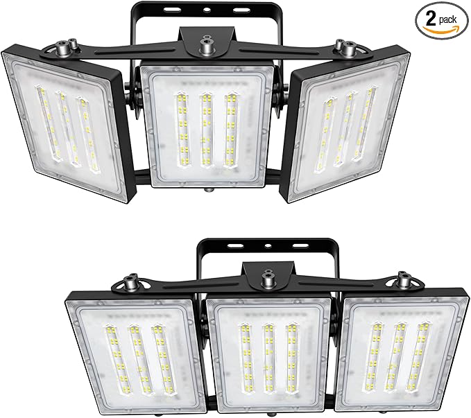 2 Pack LED Flood Lights Outdoor STASUN 150W 15000lm 6000K Daylight White IP66 Waterproof Commercial Parking Lot Lights 3 Heads for Yard Street Stadium Outdoor Area Floodlight Bright Security Lights