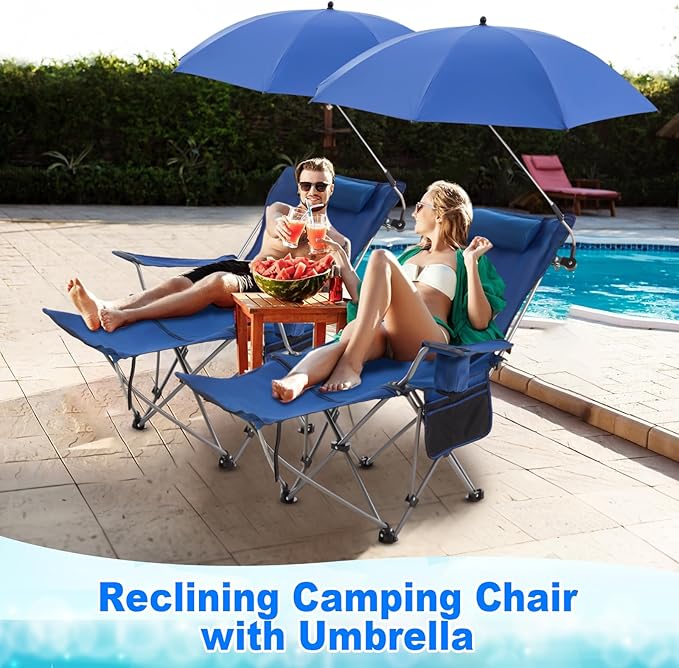 2 Set Reclining Camping Chair with Umbrella for Adult Folding Camping Chair with Foot Rest Adjustable Clamp Canopy Shade SPF 50+ Lounger for Outdoor Spring Summer Travel(BlueOxford)