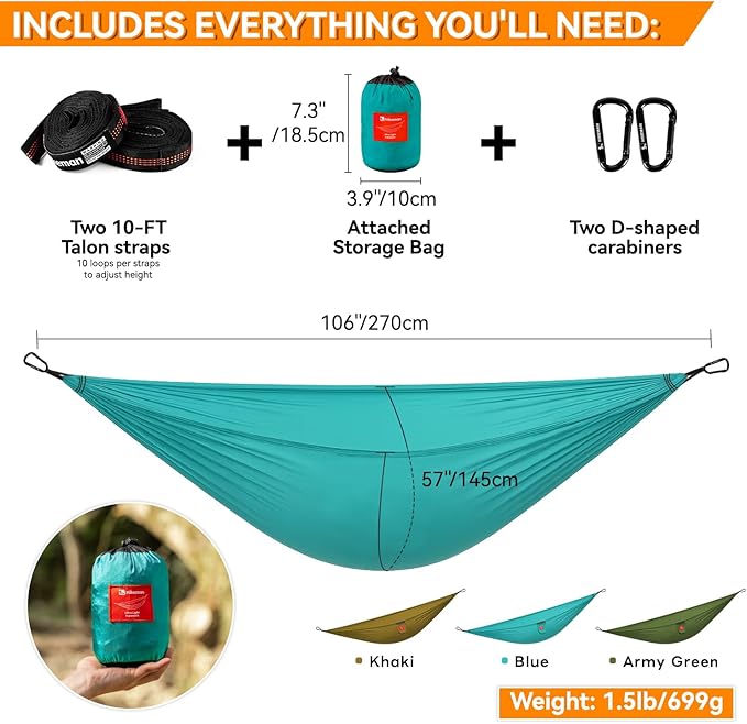 HIKEMAN Hammock for Camping Ultralight Hammocks Gear for Outdoors Backpacking Survival or Travel - Portable Lightweight Nylon - Up to 440lbs(Blue)