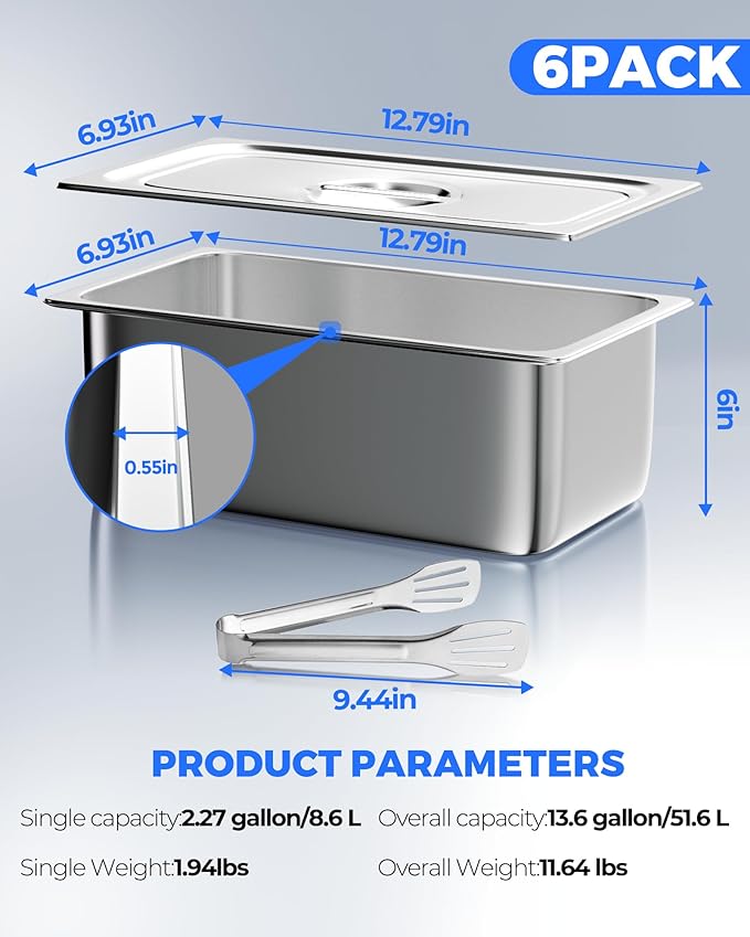 WantJoin Steam Table Hotel Pans with Lid 1/3 Third Size 6 Inch Deep 6 Pack Thickened Stainless Steel Metal Tray Sets Food Storage Container Restaurant Chafing Dishes Commercial Buffet Warmer Catering