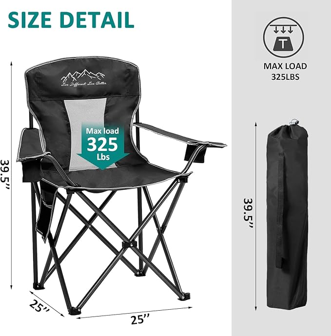 Outdoor Folding Camping Chair with Cup Holder Storage Bag Large Anti-Sink Feet 400lbs Capacity 2 Pack Breathable Mesh Portable Chair for Camping Beach Fishing Sports Black 2Pack