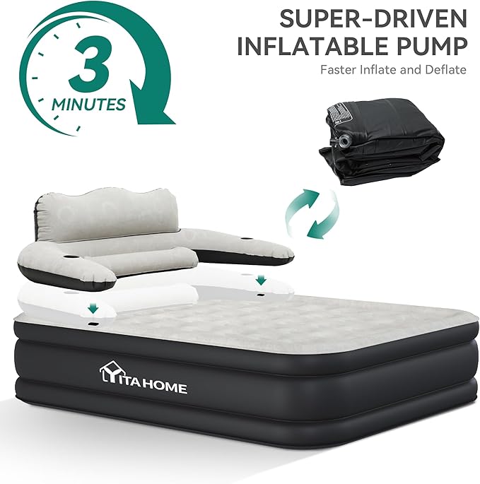 YITAHOME FullXL Size Air Mattress with Headboard 18in Inflatable with Pillow Blow Up Mattress with Removable Electric Pump Comfort Air Bed Queen for Camping &amp Home Black