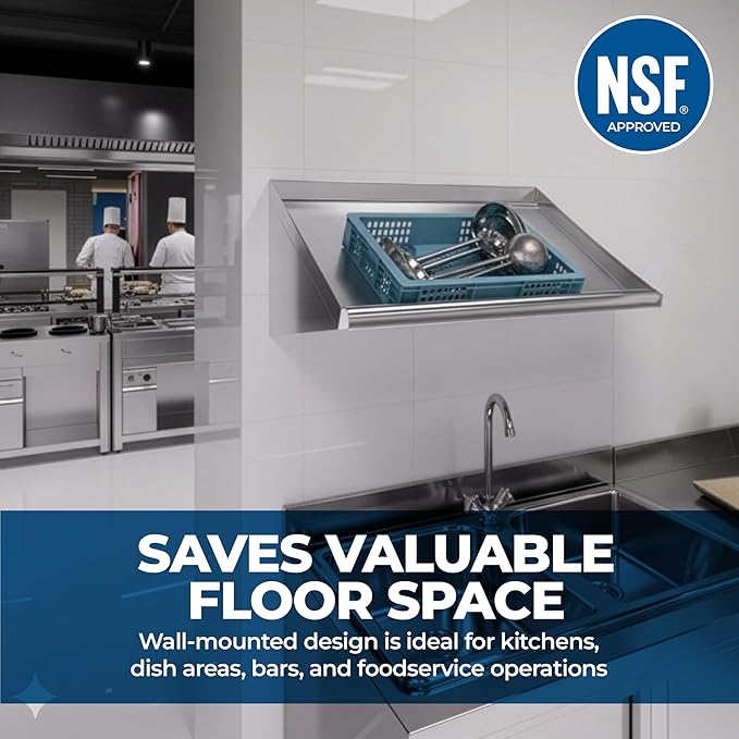 304 Stainless Steel Slanted Wall Rack Shelf with Drain Outlet – 63 x 22.5 | Wall-Mounted Commercial Drip Shelf for Kitchen Dish Pit or Back Bar (63 in. x 22 1/2 in)