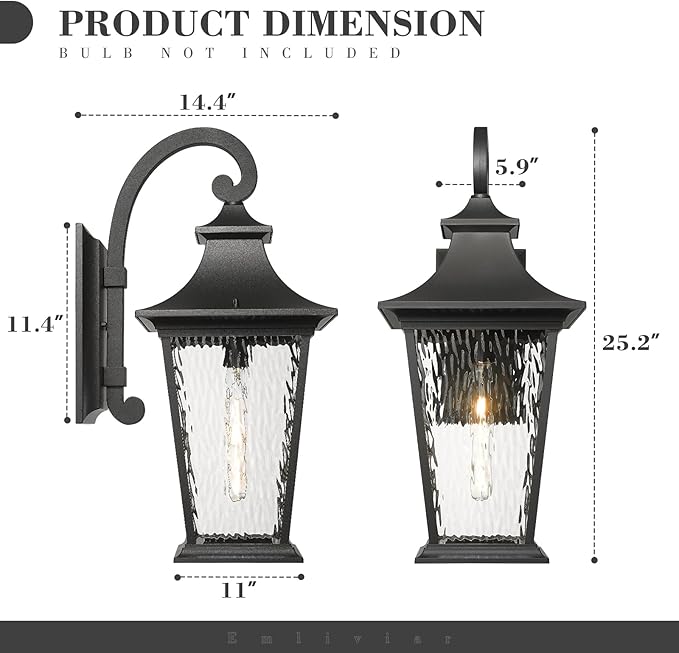 Emliviar 25 Inch Exterior Lighting Fixture Black Outside Lights for House Outdoor Wall Lantern with Water Ripple Glass XE220B-SW BK