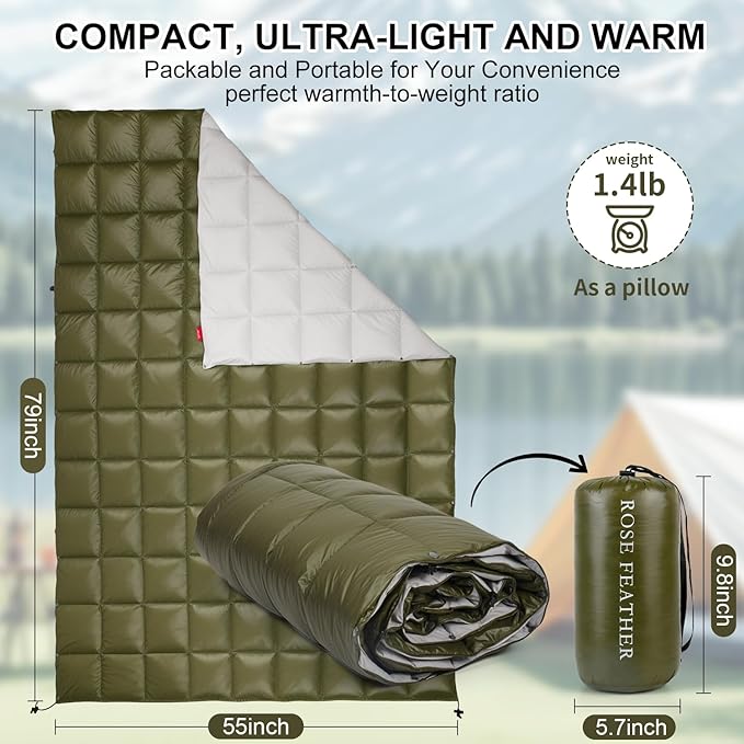 Down Camping Blanket - Lightweight Packable Warm &amp Puffy Outdoor Travel Quilt for Sleep Hiking Backpacking Stadium Festivals Water-Resistant Sleeping Bag 55x79