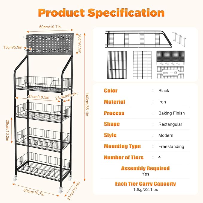4-Tier Display Rack with Universal Wheels – Retail Display Shelves for Snacks Fruits Vegetables Towels &amp Toys – Mobile Stand Cart for Kitchens Supermarkets and Laundry Rooms