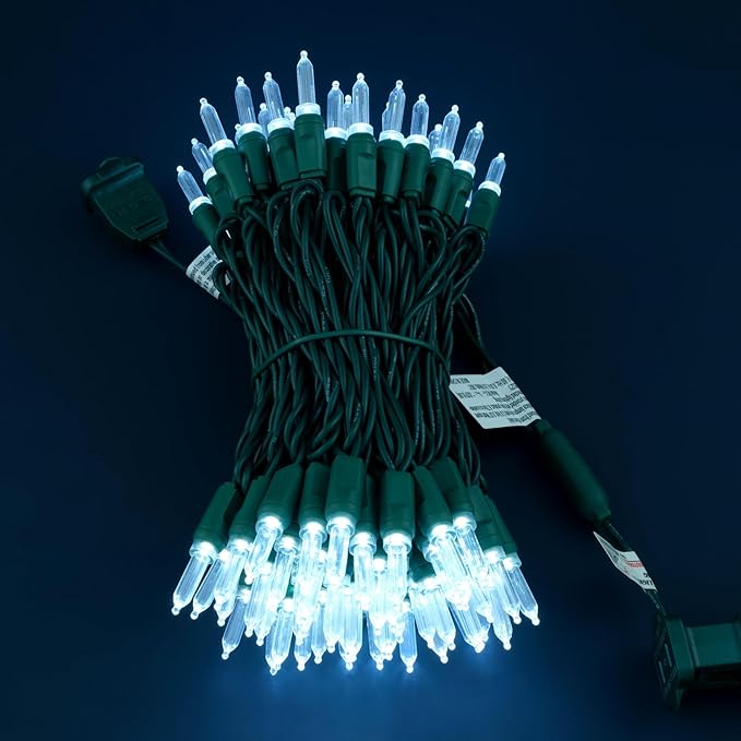 100 Cool White One-Piece LED Christmas Lights 33 ft Green Cord High Waterproof UL Certified T5 Outdoor String Lights (Cool White)