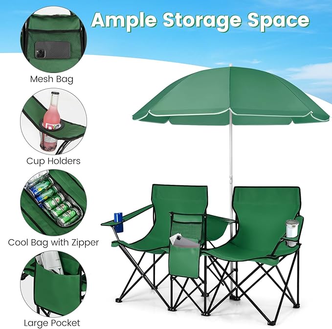 COSTWAY Double Portable Picnic Chairs Folding Camping Chairs w/Detachable Umbrella Cooler Bag Cup Holders Patio Beach Camping Chairs for Outdoors Green