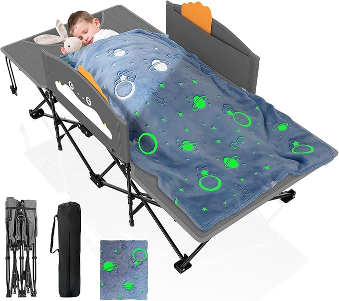 Suteck Kids Camping Cot Comfortable Toddler Cot Bed Easy to Store and Use Portable Sleeping Cot with Guardrail Lightweight Bed for Outdoor Indoor Home