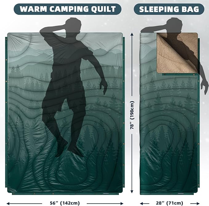 Outdoor Camping Blanket with Sherpa Lining Extra Warm Thick Camp Blankets and Puffy Ultralight Soft Poncho DWR Camping Quilt for Cold Weather Adventure Sleeping Backpacking 78x 56