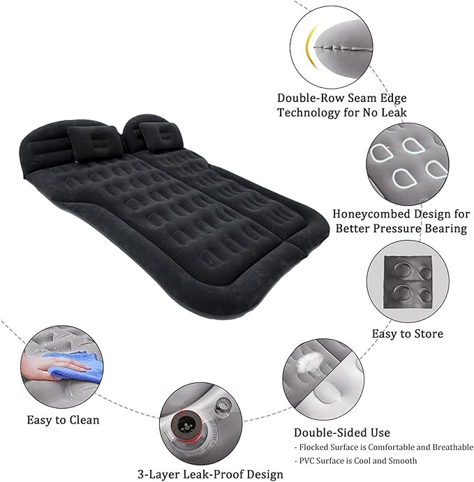 Inflatable SUV Air MattressThickened Flocking Car Travel Camping Bed with 2 Pillows &amp Air PumpPortable Car Sleeping Mattress for SUV Trunk and Rear