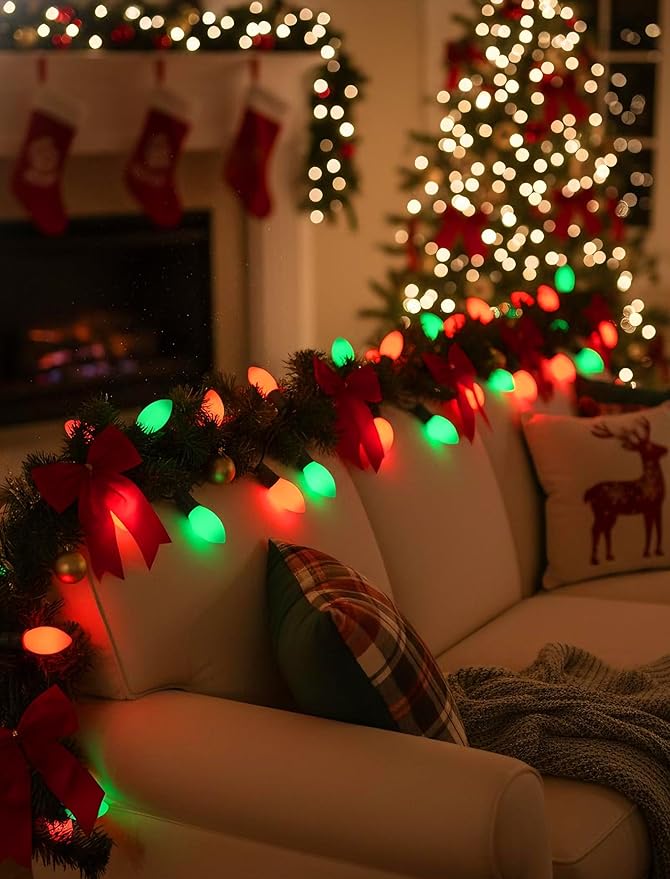 C9 LED Christmas String Lights 25FT Vintage Multicolor Lights with 27 C9 Red/Green Ceramic LED Bulbs Outdoor String Lights for Christmas Tree Party Backyard - Green Wire