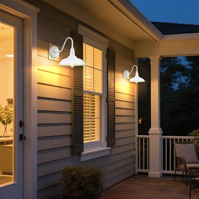 Outdoor Gooseneck Barn Light Fixture with Wall Mount 10'' Diameter White Exterior Waterproof Wall Lantern for Porch Farmhouse Wall Sconce 2 Pack LM2201-WH-2P
