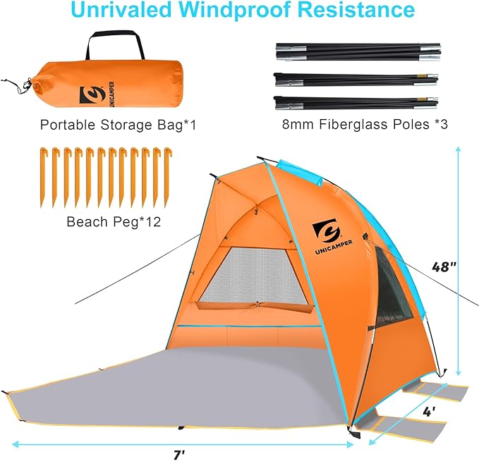 Beach Tent 2-3 Person Sun Shelter UPF 50+ with Extended Waterproof Pe Floor &amp 3 Mesh Roll Up Windows Fits Portable Beach Shade Easy Setup for Outdoor Camping Indoor Fishing Yard. (Orange)