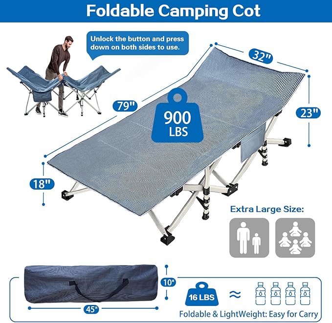 Extra Wide XXL Camping Cot with Comfortable Mattress Cots for Sleeping Folding Cot Camping Bed 79 L x 32 W x 18 H Heavy Duty with Carry Bag Outdoor Indoor