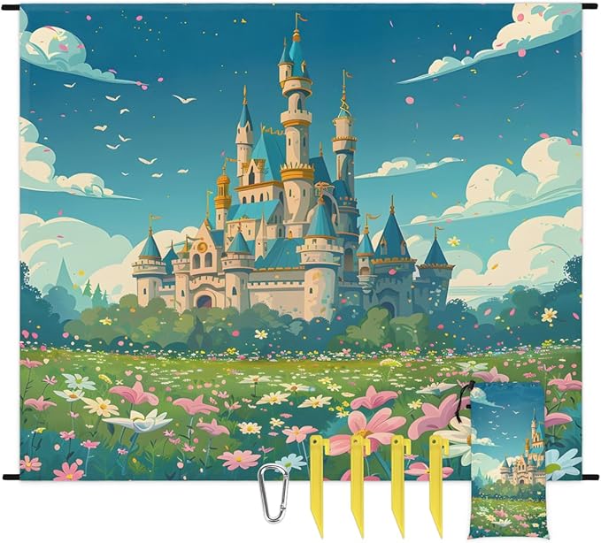 Waterproof Sandproof Beach Blanket 59''×68'' Landscape Polyester Outdoor Picnic Blanket with 4 Stakes &amp Storage Bag for BeachCampingVacation Castle