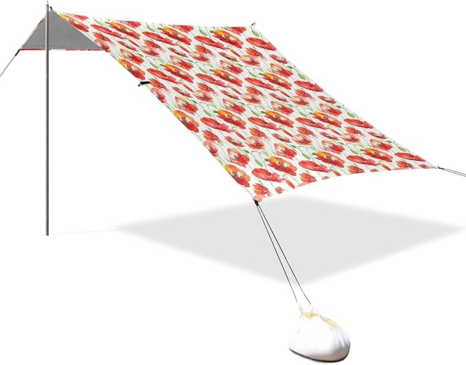 ALAZA Red Poppy Flower Floral Beach Tent Sun Shelter UPF50+ Protection Beach Shade Canopy w/ 4 Sandbags for Outdoor Camping Fishing Backyard Fun Picnic 10x9 ft
