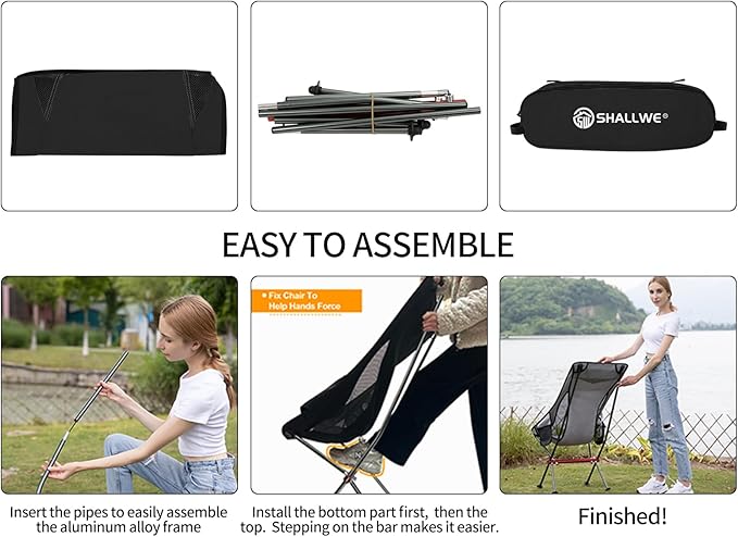 SHALLWE Camping Chairs All Aluminum Frame Portable Folding Camp Chair for Adults Heavy Duty High Back Collapsible with Built-in Pillow Side Pocket Carry Bag for Backpacking Hiking Beach