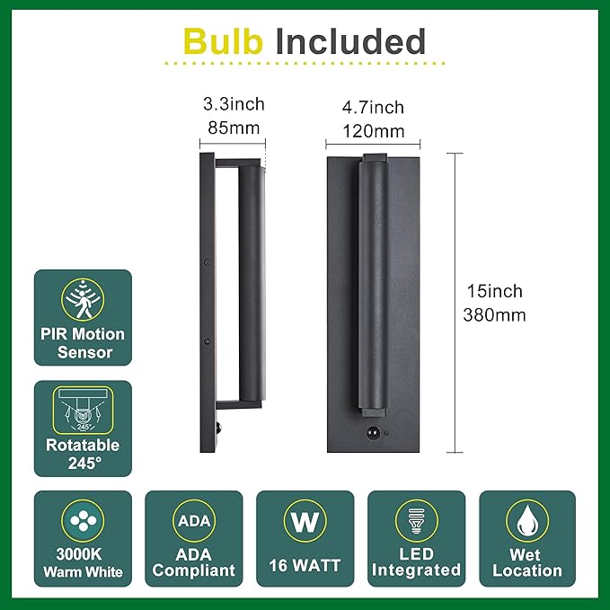 Modern PIR Motion Sensor Outdoor LED Wall Light with a Rotatable Beam and 245° Adjustment 3 Lighting Sensor Modes IP65 Waterproof Suitable for Porches Balconies Gardens Garages.