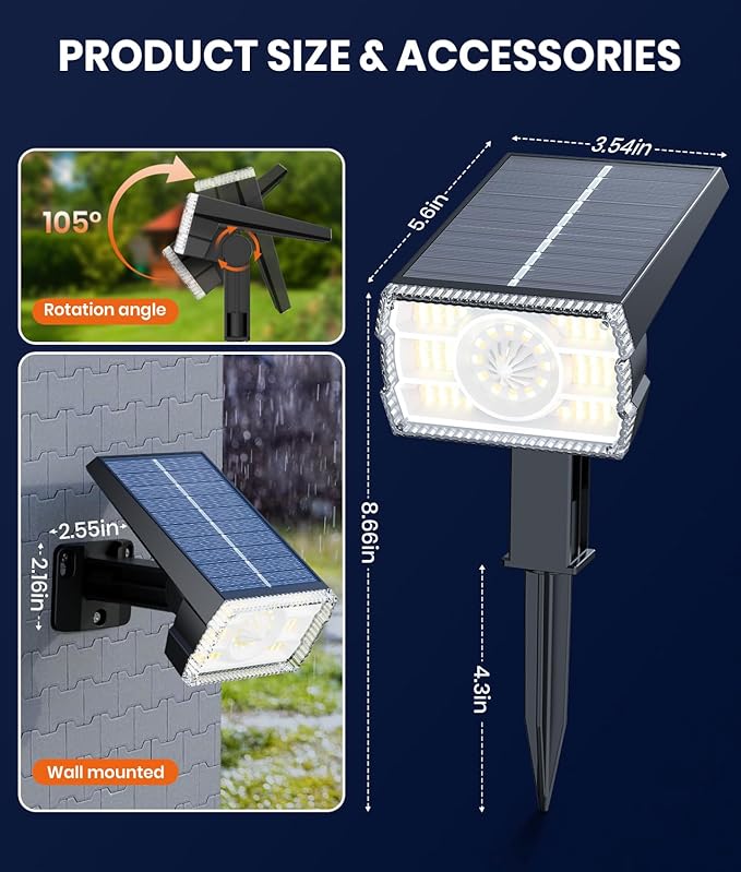 2-Pack Solar Lights Outdoor Waterproof IP67 3 Color Modes (Warm/Cool White &amp Hybrid) with 3 Lighting Modes 105° Adjustable Dusk to Dawn Solar Spotlights for Pathway/Garden/Yard Wall/Ground Light