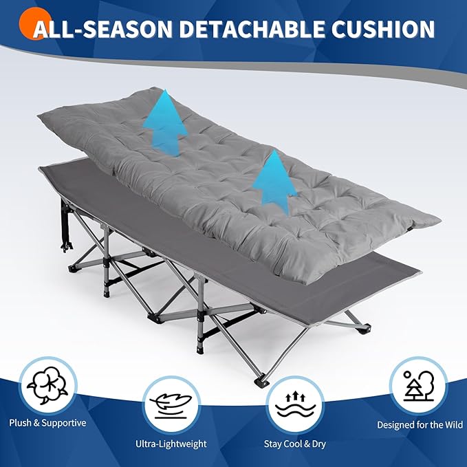 Outdoor Camping Cot for Sleeping Bed 330LBS Max Load Heavy-Duty Oxford Foliding Cots for Adults Portable with Mattress Carry Bag for Guest Travel Hiking (Gray)