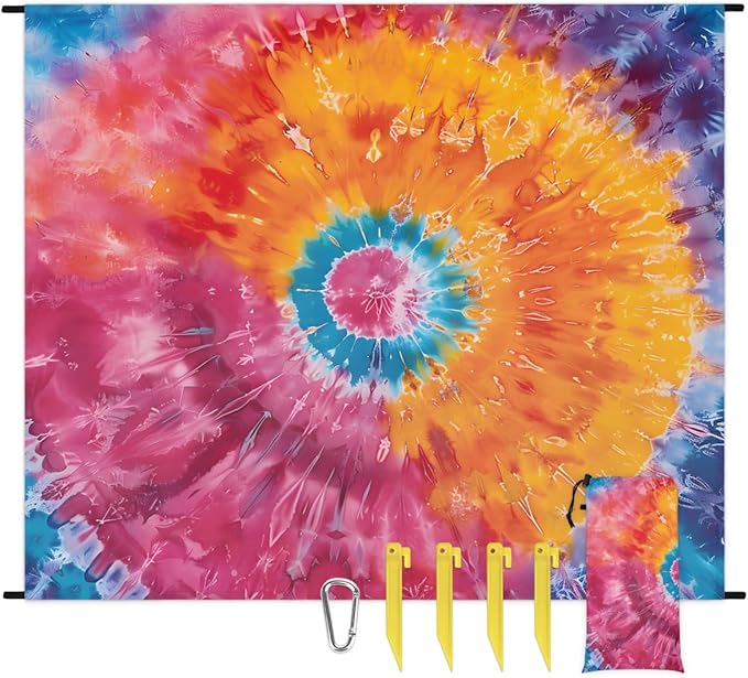 Waterproof Sandproof Beach Blanket 59''×68'' Pattern Tie Dye Polyester Outdoor Picnic Blanket with 4 Stakes &amp Storage Bag for BeachCampingVacation Red &amp Orange