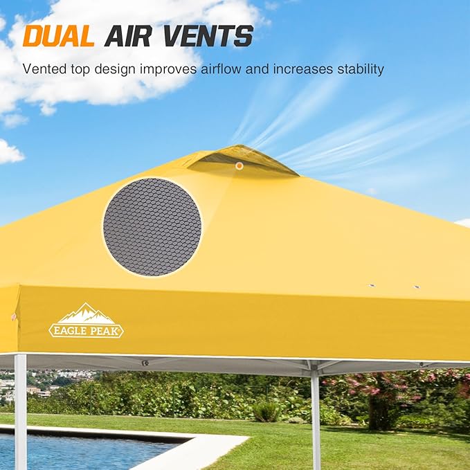 EAGLE PEAK Pop Up Canopy Tent with Wheeled Carry Bag 8 Stakes 4 Ropes 4 Weight Bags Easy Set Up Tent Canopy 10x10 ft 100sqft of Shade Yellow