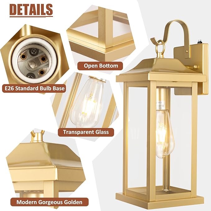 Large Gold Outdoor Sconces Dusk to Dawn 2-Pack 17 Inch Large Porch Light Photocell Brass Outdoor Light Fixtures IP65 Waterproof with Clear Glass Outside Wall Lanterns Wall Mounted Lamps
