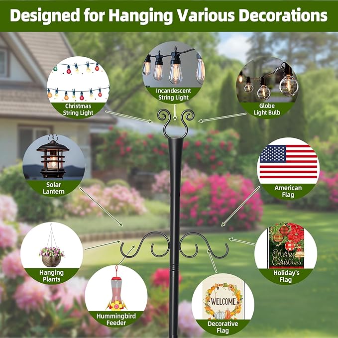 2 Pack Outdoor Patio Light Poles for String Lights 10Ft Heavy Duty Metal String Light Poles with Shepherds Hooks for Hanging Plant &amp Bird Feeder Deck Pole for Outdoor Strings Lights