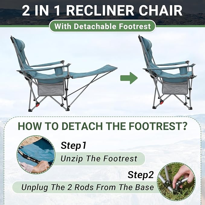 #WEJOY 2-in-1 Camping Chair Reclining Lightweight Folding Camping Chair with Adjustable Backrest &amp Footrest Camping Lounge Chair with Headrest Cup Holder Storage Bag for Beach Lawn Concert