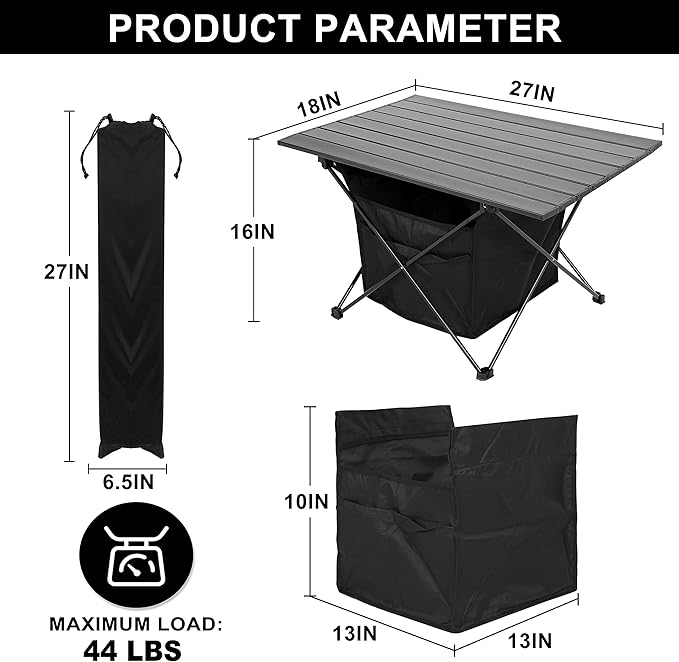 YSSOA Portable Folding Aluminum Alloy Camping Table with High-Capacity Storage and Carry Bag Large Size for Camping Traveling Hiking Fishing Beach BBQ Black