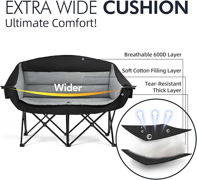 Double Camping Chair Loveseat - 2 Person Oversized Camping Couch for Adults Padded Heavy Duty Outdoor Lawn Beach Portable Folding XL Chairs with Cup Holders and Carry Bag Support 600lbs Black/Grey