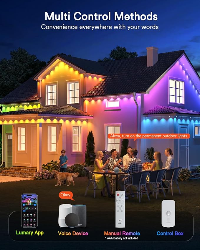 Lumary Permanent Outdoor Lights 2 with Remote for House 200ft with 120 RGBAICW LEDs 7200lm for Home Daily &amp Accent Lighting 110+ Scenes for Christmas Decor IP67 Waterproof Work with Alexa Goog