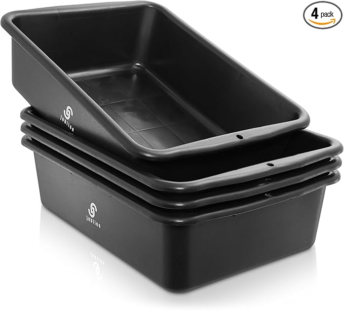 Jubilee 4-Pk Plastic Storage Bin 20L Black Bus Utility Tub – Heavy Duty Commercial Dishwashing Box for Restaurant Kitchen Organization and Storage