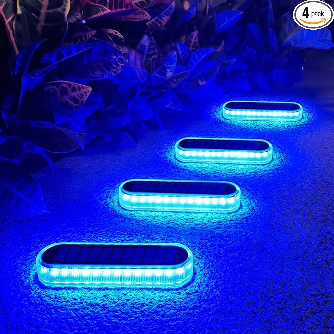 Lacasa Solar Deck Lights 4 Pack 40LM Solar Powered Step Lights Blue Light LED Dock Light Outdoor In-Ground Lights IP68 Waterproof Auto ON/Off for Garden Stairs Driveway Pathway Lighting