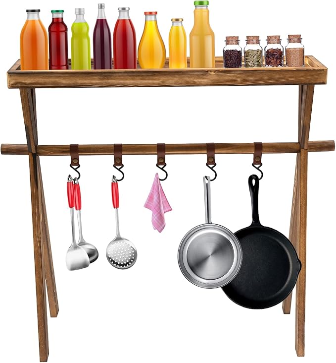 Wooden Portable Picnic Rack Retro Picnic Condiment&ampCookware Storage Rack Lightweight Outdoor Storage Shelf w/Hook for Camping Picnic BBQ Home Storage
