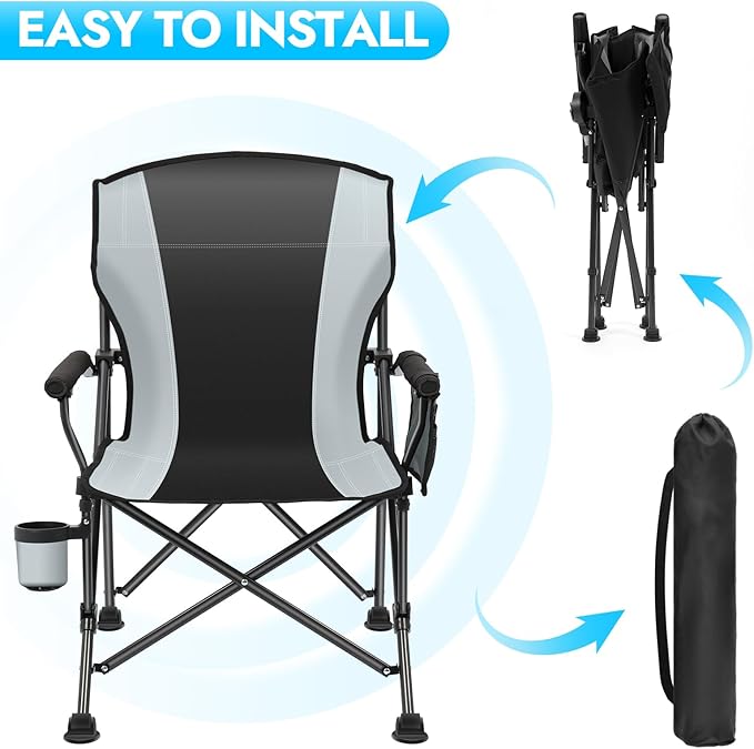 Oversized Folding Camping Chair for Adults Supports 450 LBS Camping Chairs Heavy Duty Camping Chair with Side Pockets Foldable Outdoor Chair for Camping Beach Fishing Hiking Black-Gray