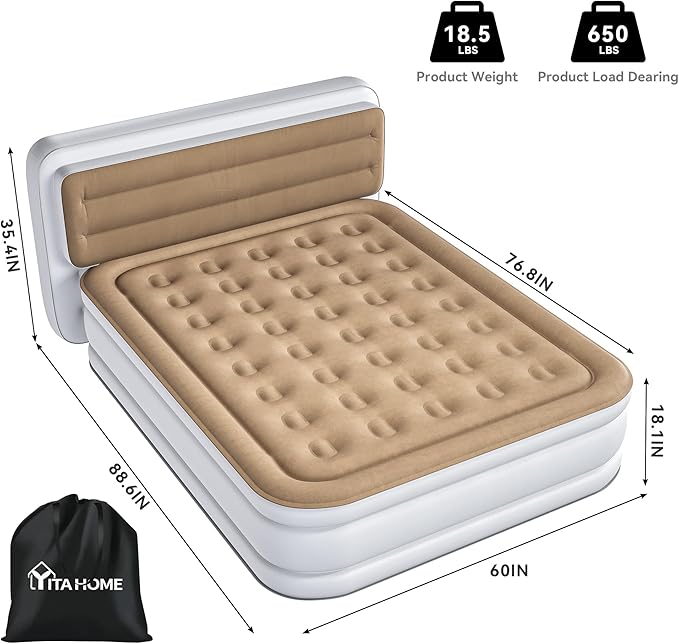 YITAHOME 18'' Flocked Top Queen Air Mattress with Pump and Banded Headboard Durable Inflatable Bed Blow-Up Mattress for Indoor and Outdoor Use Brown