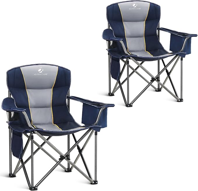 ALPHA CAMP Heavy Duty Camping Chair 500LBS Capacity Oversized Folding Chair for Heavy People Padded Portable Outdoor Chair with Cooler Bag &amp Cup Holder for Camping Fishing Beach