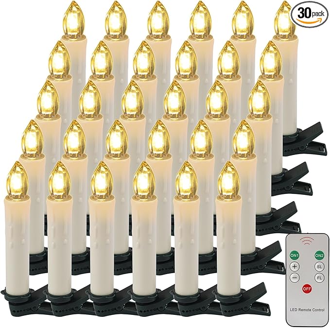 EuroFone Christmas Tree Candles 30pcs LED Flameless Flickering Battery Taper Candles with Removable Clipsfor Home Party Indoor Outdoor Xmas Trees Deco
