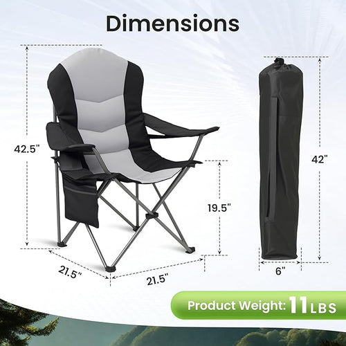 2 Pack Folding Camping Chairs for Adults - High Back Padded Outdoor Lawn Chairs with Lumbar Support &amp Cup Holder 400lbs Heavy Duty Portable Camping Chairs Set (Light Black &amp Gray 2 PCS)