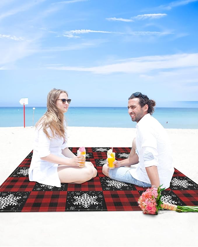 Beach Blanket Waterproof Sandproof OversizedWinter Christmas White Snowflakes Beach Mat with Corner Stakes Sand PocketsRustic Retro Black Red Lattice Plaid Outdoor Picnic Mat for Travel 95x80In
