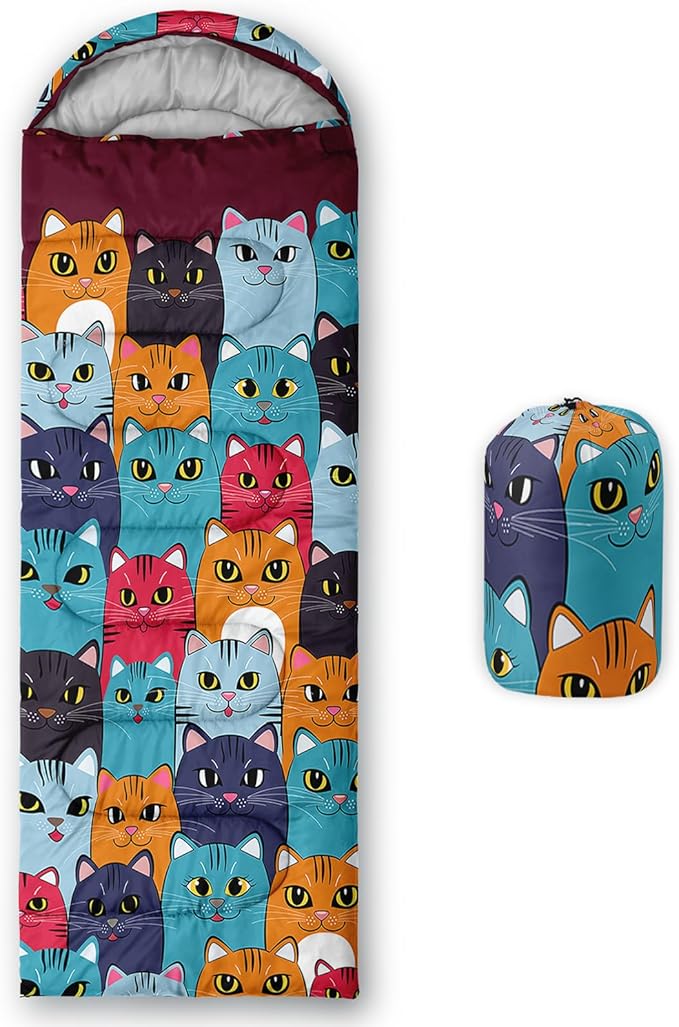 Axolotl Colorful Cats 3 Season Sleeping Bag for Kids Girls Teens - Warm and Cool Weather Pet Animal Theme Waterproof Lightweight for Traveling Outdoors Camping Equipment