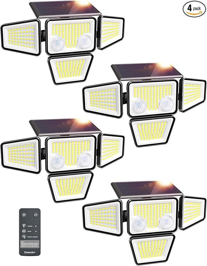 Ensenior Solar Lights Outdoor Motion Sensor Outdoor Light with Remote Control IP65 Waterproof 279 LED 4 Heads Solar Security Light with 4 Mode 270° Wide Angle Solar Flood Light for outdoor 4 Packs