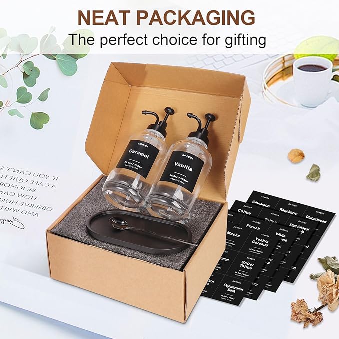 Glass Coffee Dispenser - 16.9oz Black Scoop 36 Labels Bamboo Tray &amp Pump 2-Pack