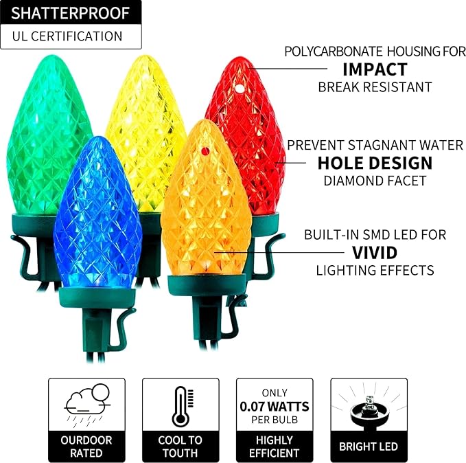 Minetom C9 LED Christmas Lights Outdoor 81 Feet 100 LED String Light with Timer &amp 8 Lighting Mode Waterproof Commercial Grade Christmas Tree Lights for Outside Indoor Roofline Patio Multicolor