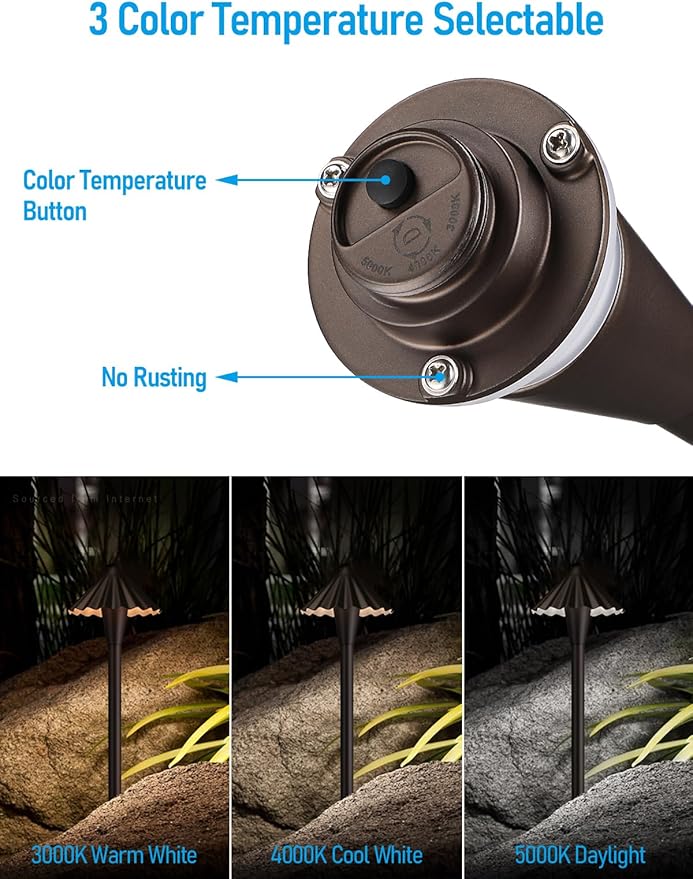 LEONLITE 3CCT Low Voltage Pathway Lights LED Landscape Path Lights 3000K/4000K/5000K Ruffles Head 12-24V AC/DC IP65 Outdoor Walkway Light Oil Rubbed Bronze Aluminum Pack of 6