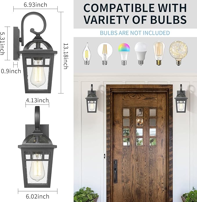 Front Porch Lights Outdoor Wall Lights Exterior Wall Sconce Matte Black Exterior Light Fixtures with Seeded Glass Farmhouse Outdoor Lighting Fixtures for House Garage Porch Patio 2 Pack