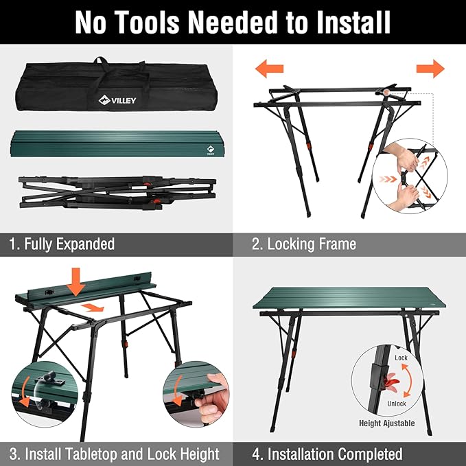VILLEY Portable Camping Table with Adjustable Legs Lightweight Aluminum Folding Beach Table with Carrying Bag for Outdoor Cooking Picnic Beach Backyards BBQ and Party
