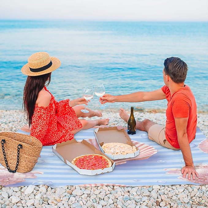 Waterproof Sandproof Beach Blanket 59''×68'' Pink Scallop Decoration Polyester Outdoor Picnic Blanket with 4 Stakes &amp Storage Bag for BeachCampingVacation